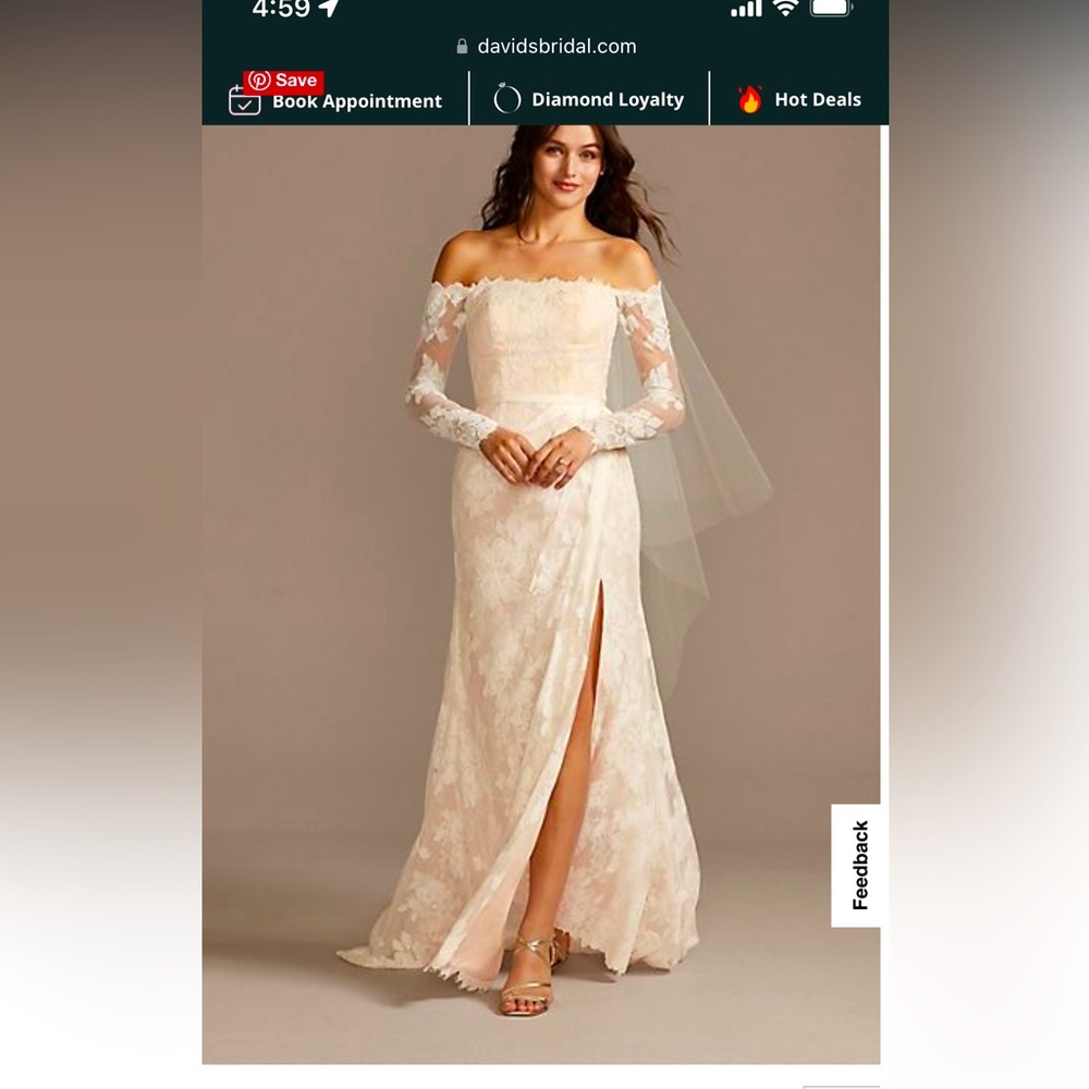 David’s Bridal lace, off the shoulder wedding dress with slit, color Ivory Stone